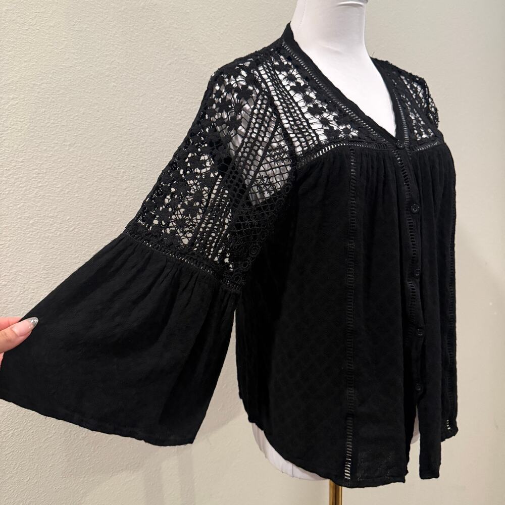 Black Lace V Neck Button Blouse Small Whimsigoth Fairy Grunge Office Boho Work - Picture 5 of 9